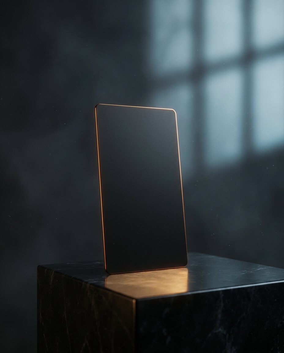 A single matte-black licence card standing on a marble plinth, lit from behind